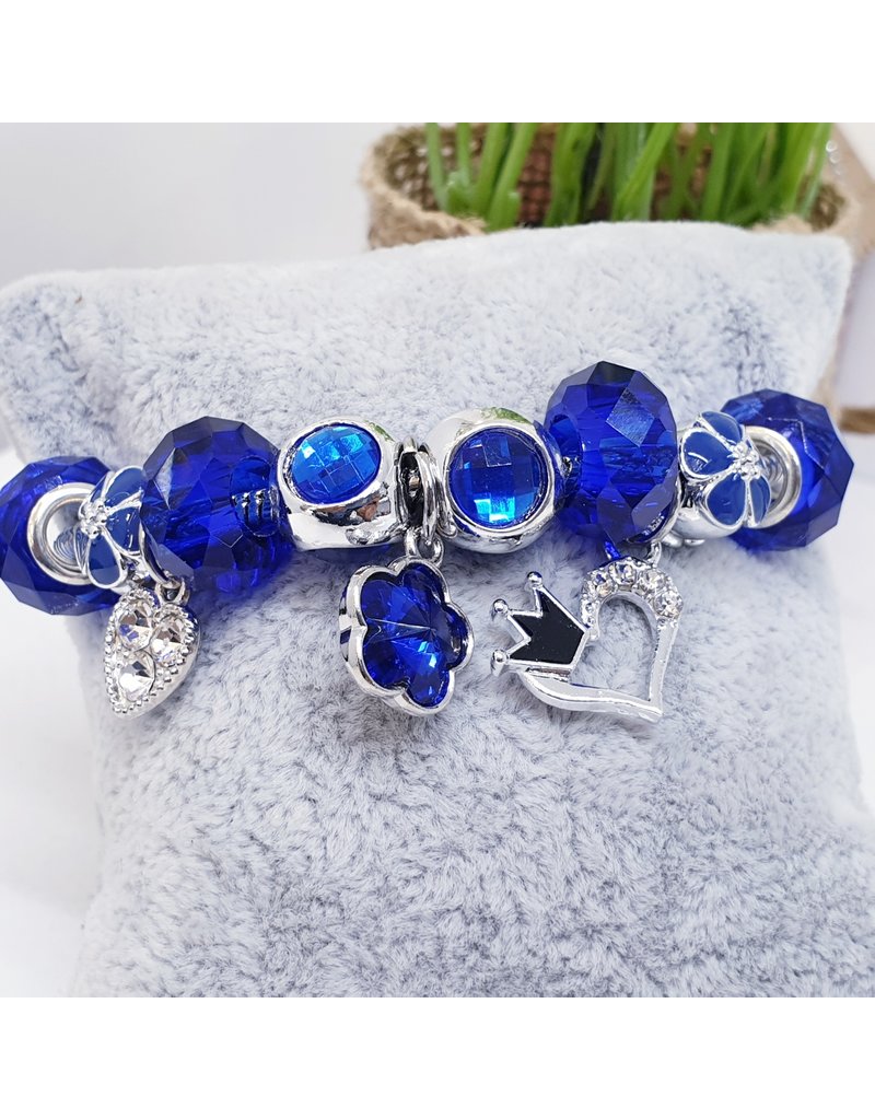 BAF0058 - Royal Blue, Heart Crown Flower Charm Bracelet