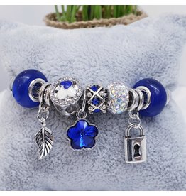 BAF0059 - Royal Blue, Feather, Lock, Flower Charm Bracelet