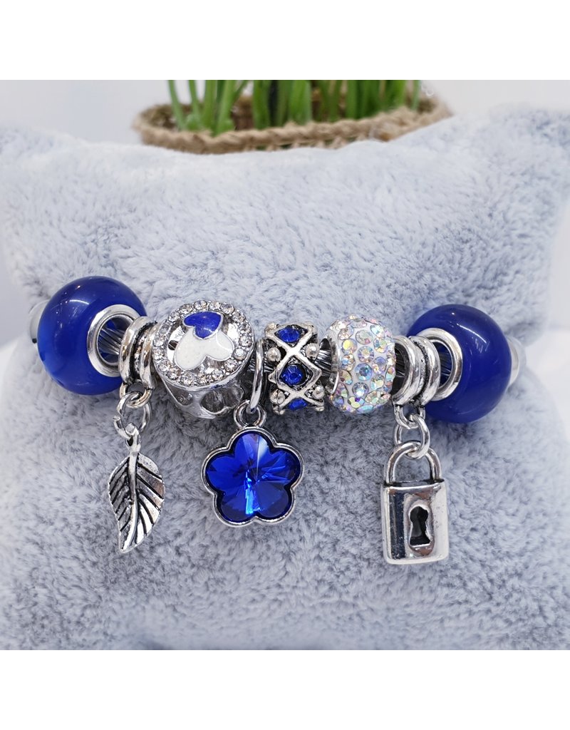 BAF0059 - Royal Blue, Feather, Lock, Flower Charm Bracelet