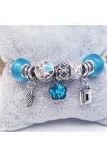 BAF0074 - Turq , Feather, Lock, Flower Charm Bracelet