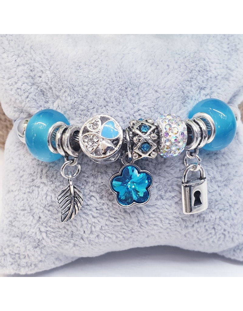 BAF0074 - Turq , Feather, Lock, Flower Charm Bracelet