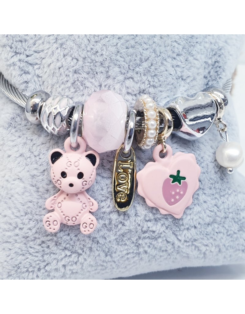 BAF0088 - Pink , Teddy, Strawberry Heart Charm Bracelet