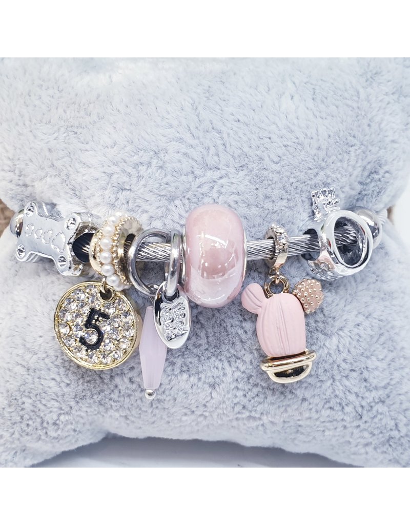 BAF0089 - Pink, Cactus, Bone, 5 Charm Bracelet