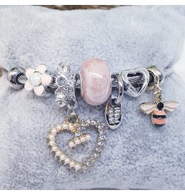 BAF0091 - Pink, Bee, Pearl Heart Charm Bracelet