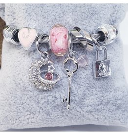 BAF0096 - Pink, Lock, Key, Moon Charm Bracelet