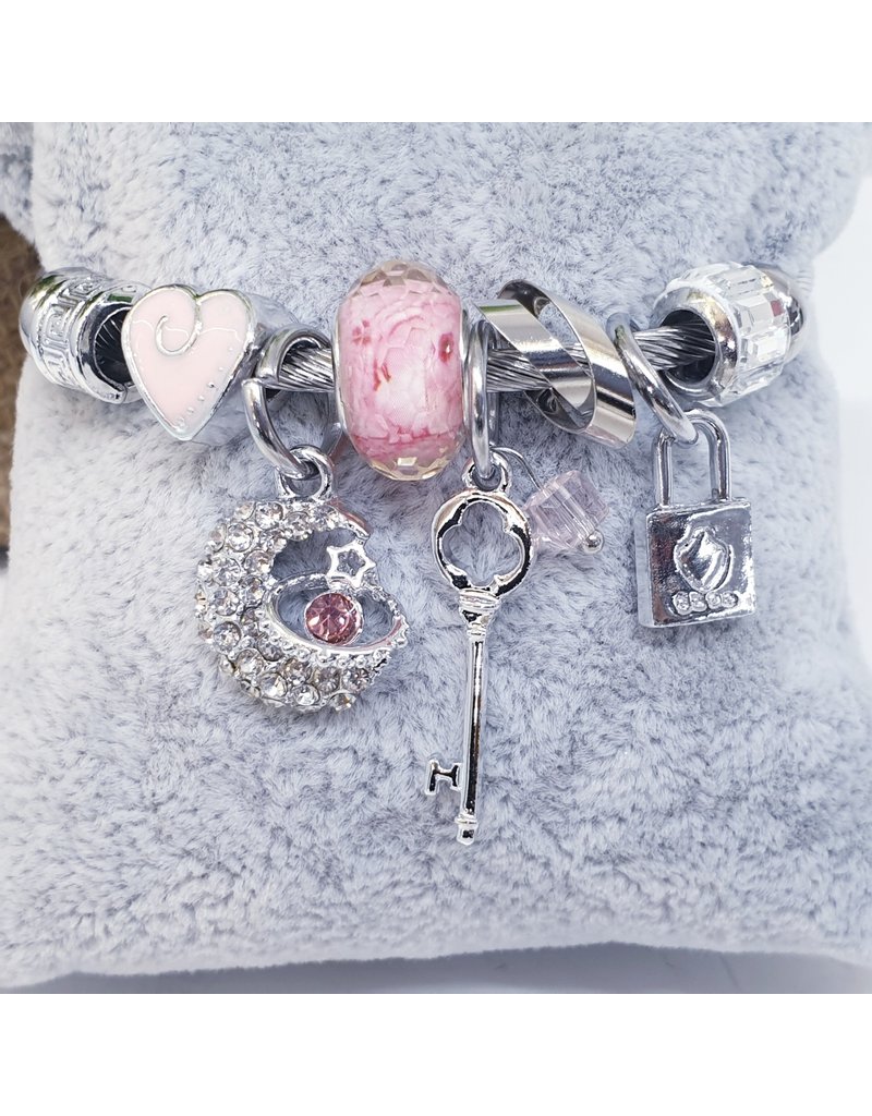 BAF0096 - Pink, Lock, Key, Moon Charm Bracelet