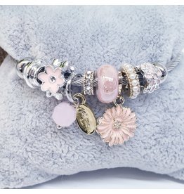 BAF0098 - Pink, Pink Flower Charm Bracelet
