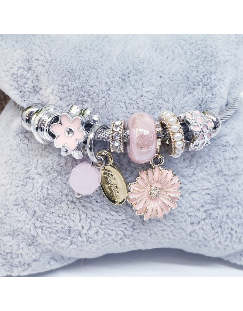 BAF0098 - Pink, Pink Flower Charm Bracelet