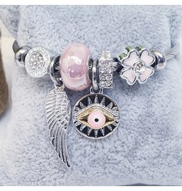 BAF0105 - Pink, Evil Eye With Wing Charm Bracelet