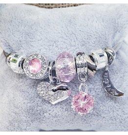 BAF0107 - Pink, Silver Heart And Moon Charm Bracelet