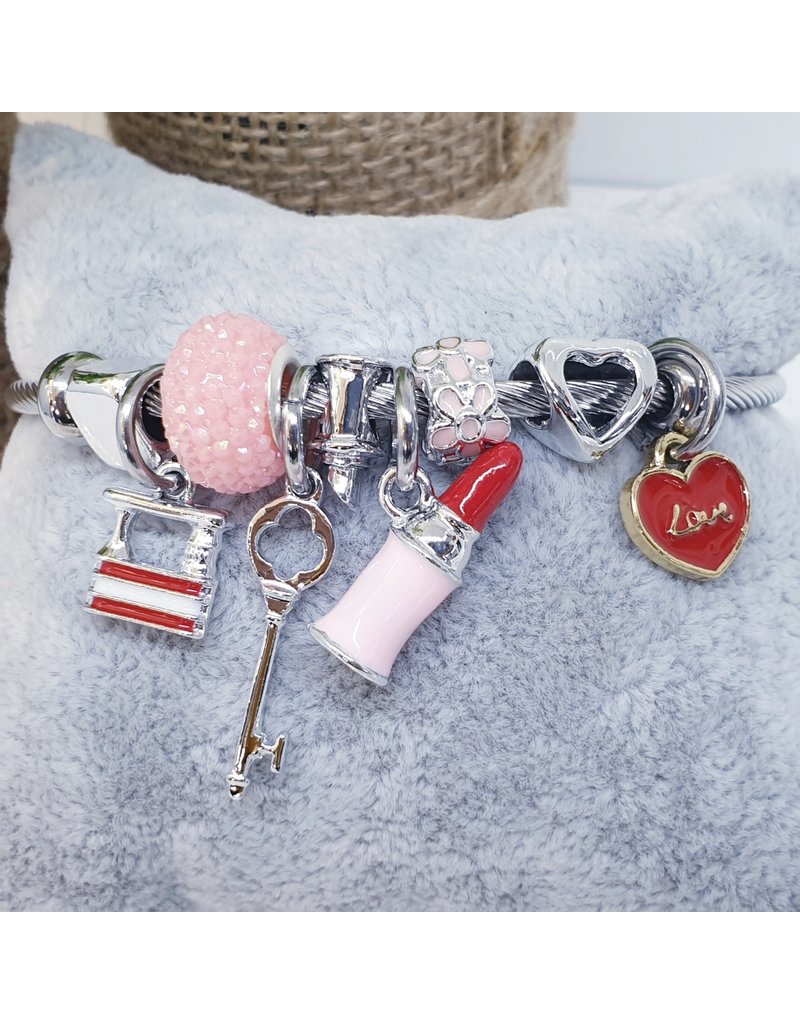 BAF0114 - Pink, Lipstick And Heart Charm Bracelet