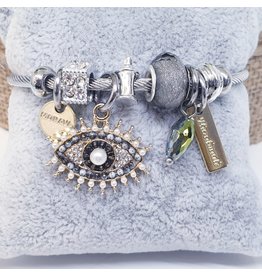 BAF0116 - Black, Silver, Silver Dust, Evil Eye Cube Charm Bracelet