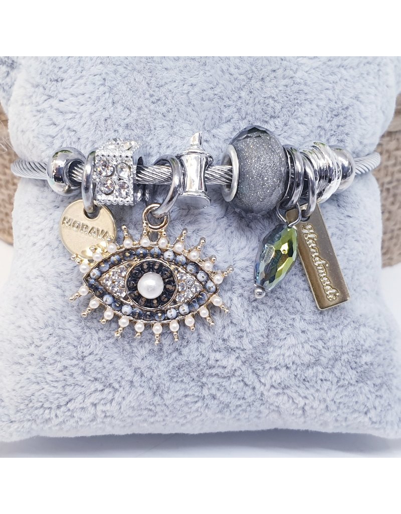 BAF0116 - Black, Silver, Silver Dust, Evil Eye Cube Charm Bracelet