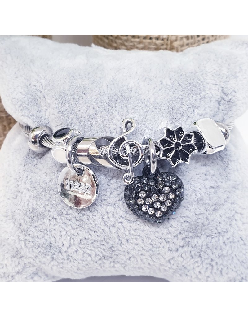 BAF0120 - Black, Heart And Disk Charm Bracelet