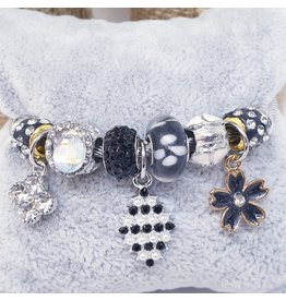 BAF0122 - Black, Gold, Flower And Pearl Leaf Charm Bracelet