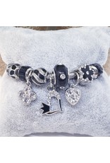 BAF0126 - Black, Heart Crown And Flower Charm Bracelet