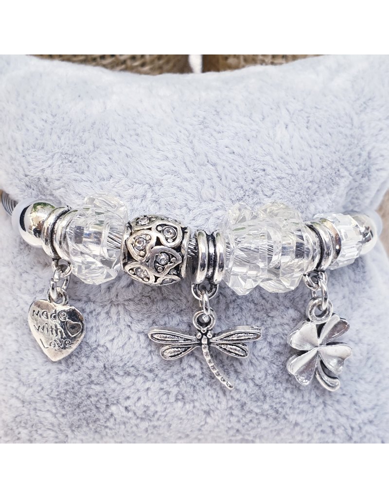 BAF0148 - Clear, Dragonfly, Flower Charm Bracelet