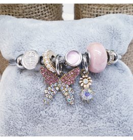 BAF0157 - Pink,Butterfly, flower pearl ,Charm Bracelet