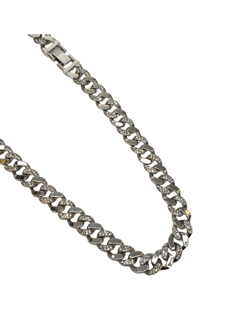 STD0016- Silver, Cuban Link Half Stone Necklace