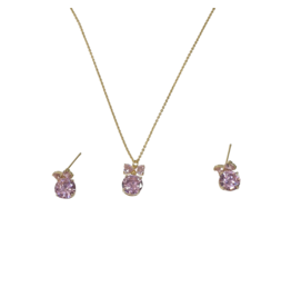 SSA0003- Gold Bow/Drop Pink Necklace & Earring Set