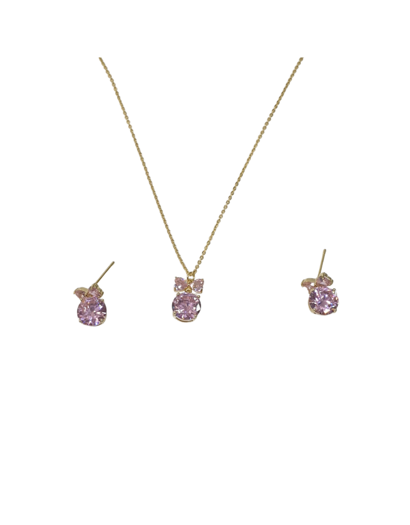 SSA0003- Gold Bow/Drop Pink Necklace & Earring Set
