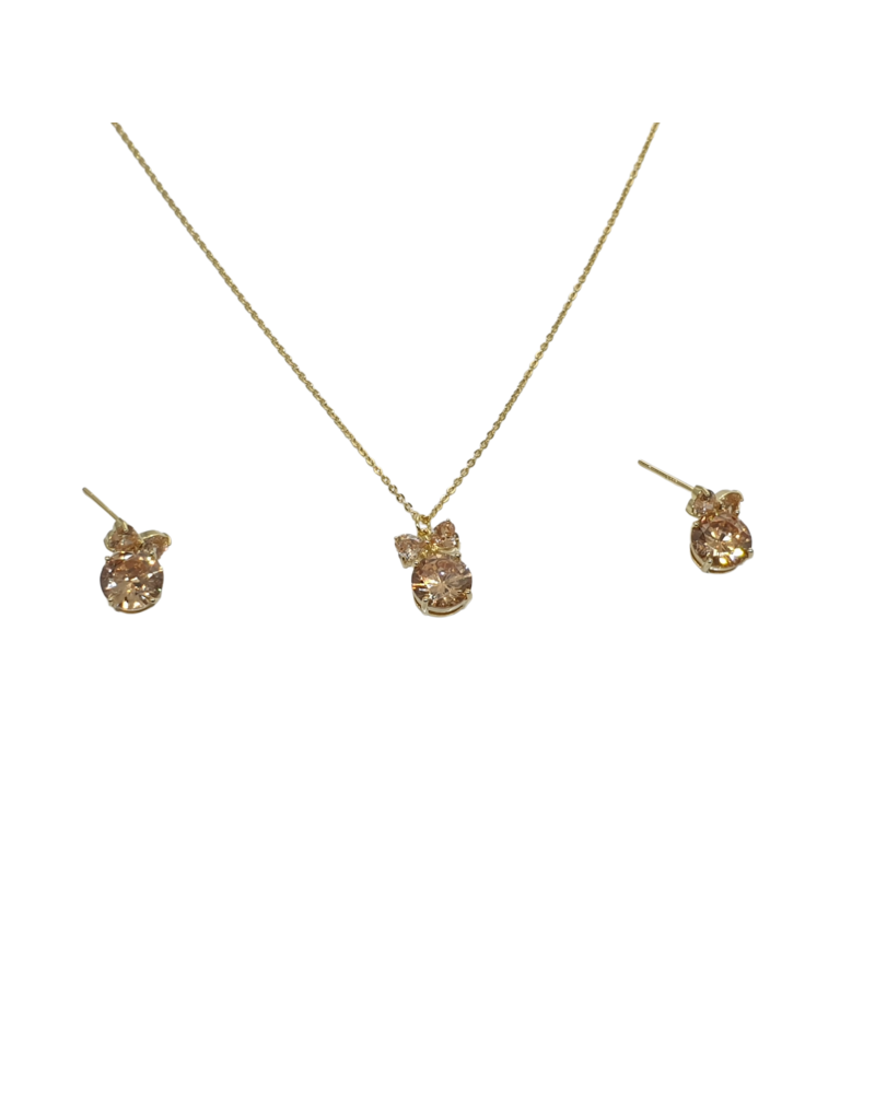 SSA0004- Gold Bow/Drop Stonenecklace & Earring Set