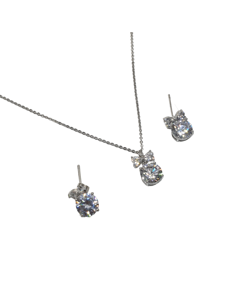 SSA0005- Silver Bow/Drop Stone Necklace & Earring Set