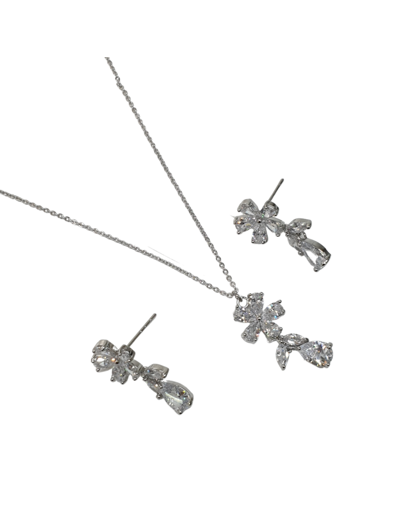 SSA0022- Silver Flower Drop Necklace & Earring Set