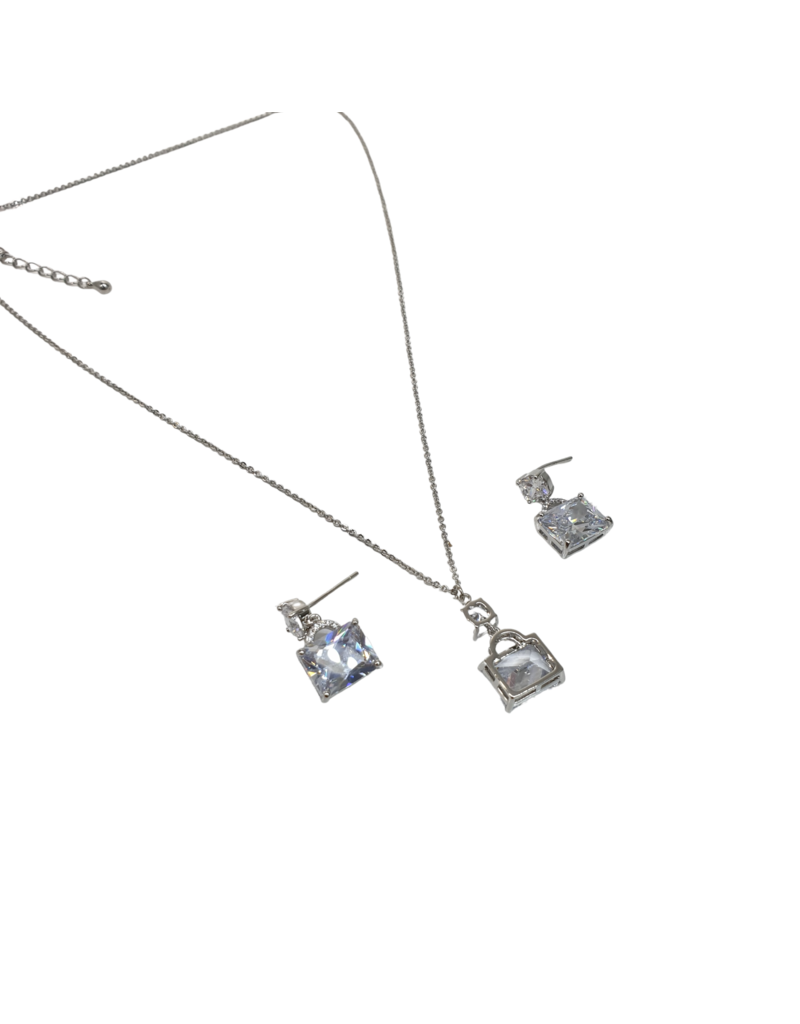 SSA0025- Silver Rect Drop Necklace & Earring Set