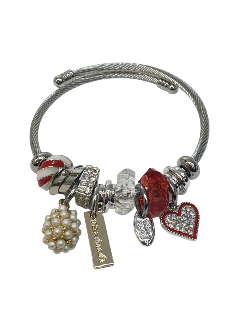 BAF0004 - Red, Heart, Pearl Charm Bracelet