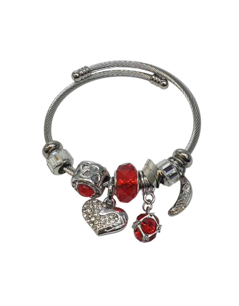 BAF0007 - Red, Silver Heart Charm Bracelet