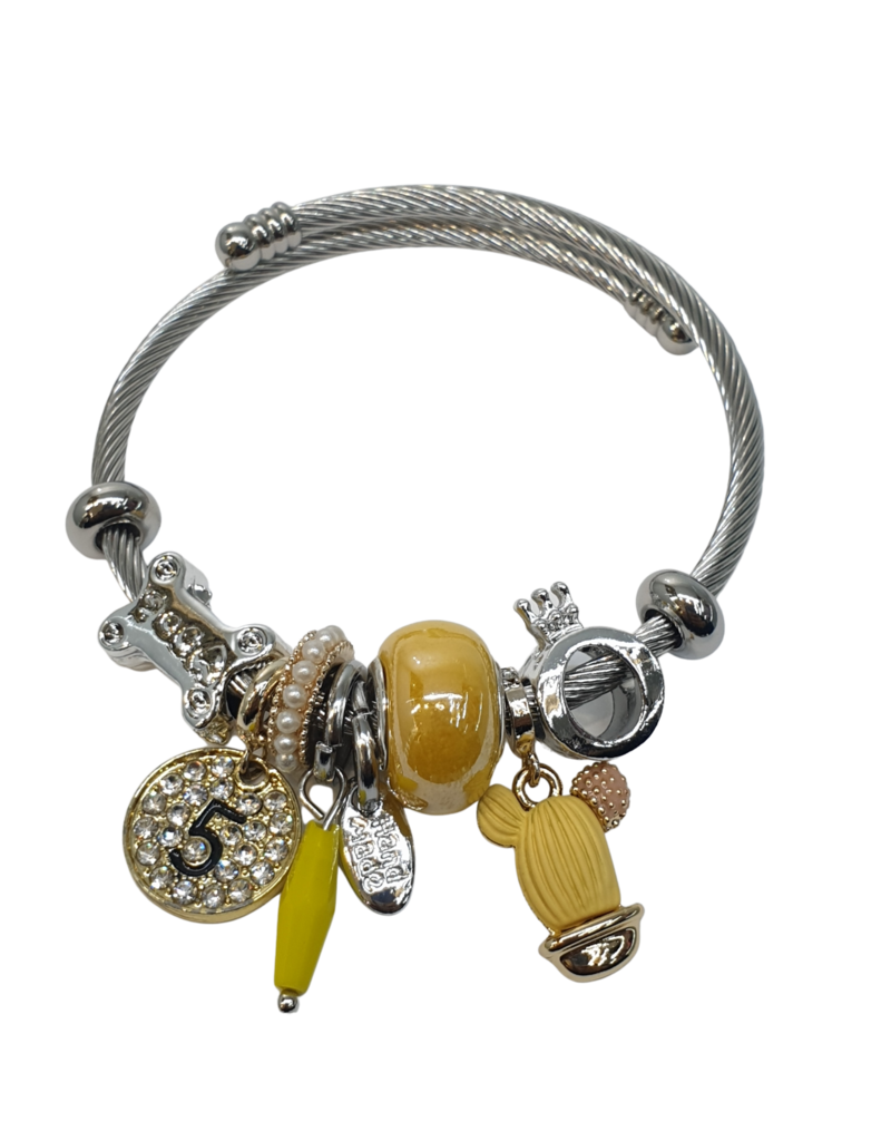 BAF0023 - Yellow, Cactus, Bone, 5 Charm Bracelet