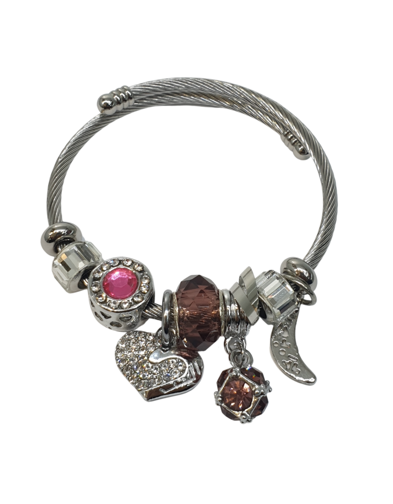 BAF0025 - Pink, Mauve, Silver Heart, Moon Charm Bracelet