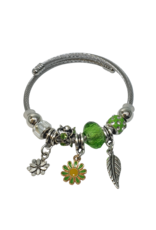 BAF0045 - Green, Feather, Flower Charm Bracelet