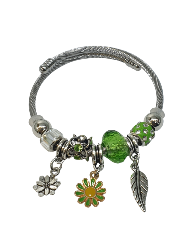 BAF0045 - Green, Feather, Flower Charm Bracelet