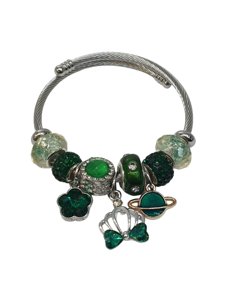 BAF0053 - Emeralad, Olive, Planet, Crown Bow Charm Bracelet