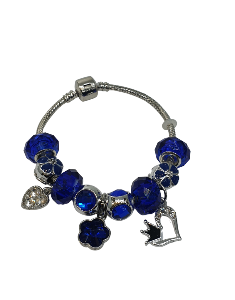 BAF0058 - Royal Blue, Heart Crown Flower Charm Bracelet