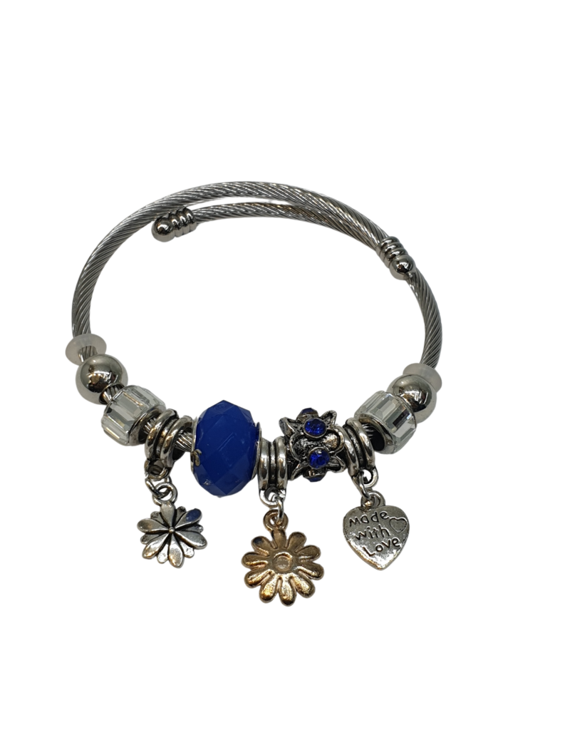 BAF0060 - Royal Blue, Heart Flowers Charm Bracelet