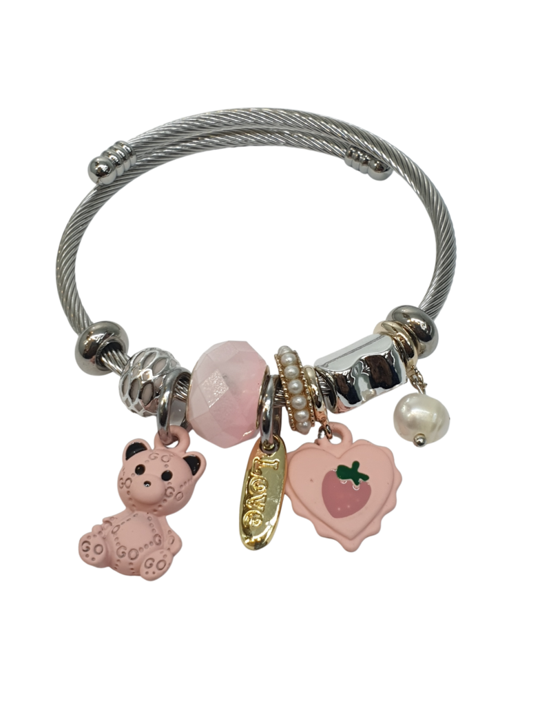 BAF0088 - Pink , Teddy, Strawberry Heart Charm Bracelet