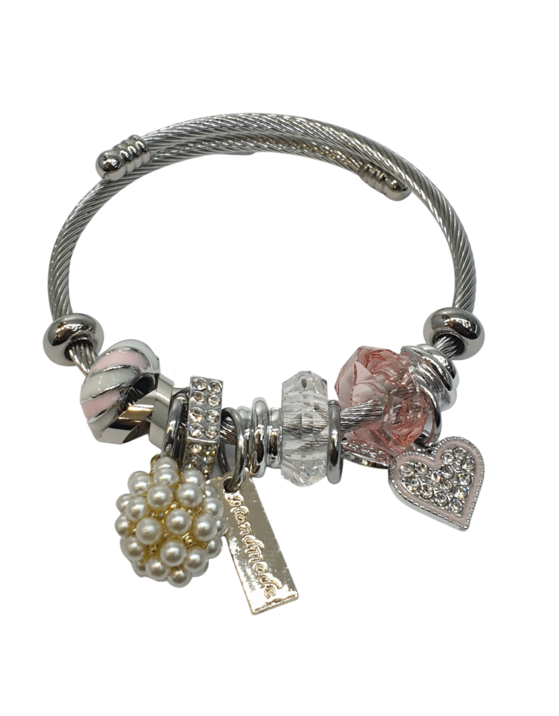 BAF0102 - Pink, White, Pear And Heart Charm Bracelet