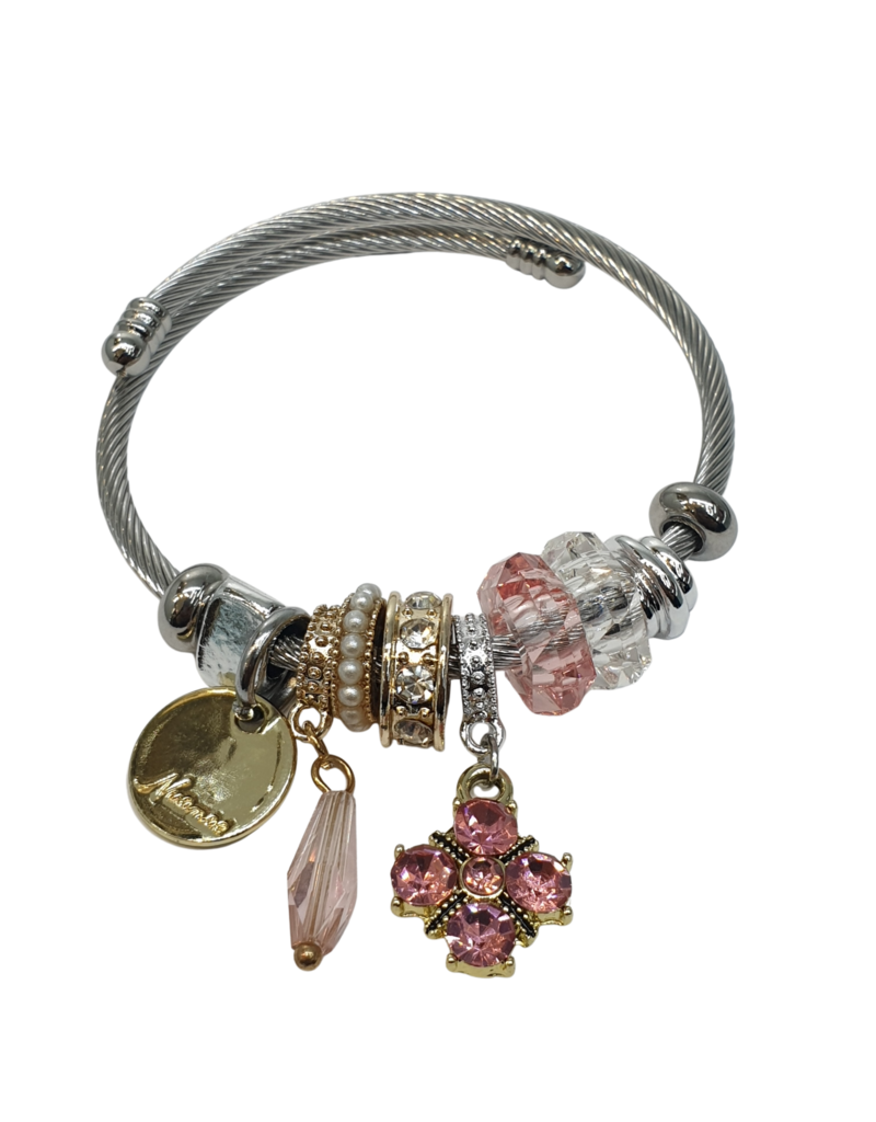 BAF0112 - Pink , Flower And Pearl Ring Charm Bracelet