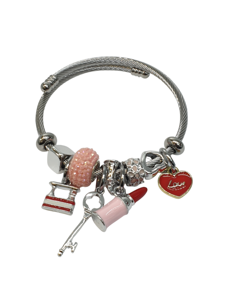 BAF0114 - Pink, Lipstick And Heart Charm Bracelet