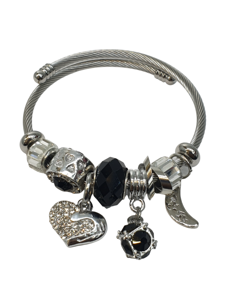 BAF0131 - Black, Heart And Cube Charm Bracelet