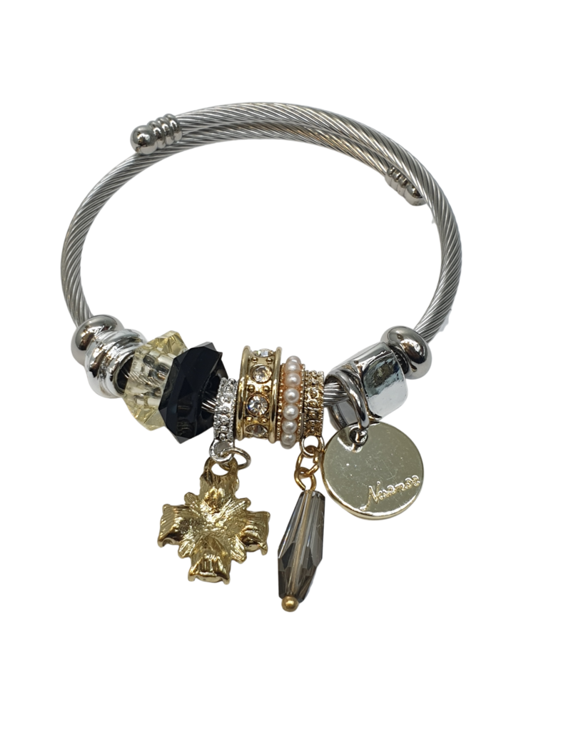 BAF0132 - Black, Gold, Disk And Crystal Charm Bracelet