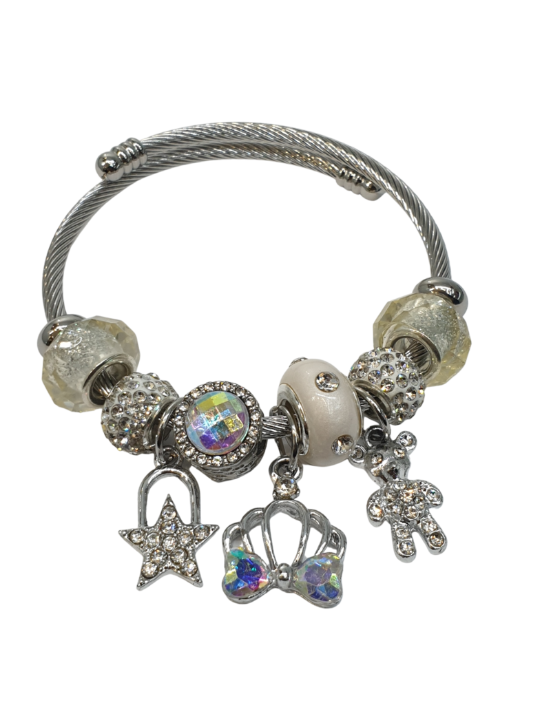 BAF0136 - White, Bear, Crown, Star Charm Bracelet