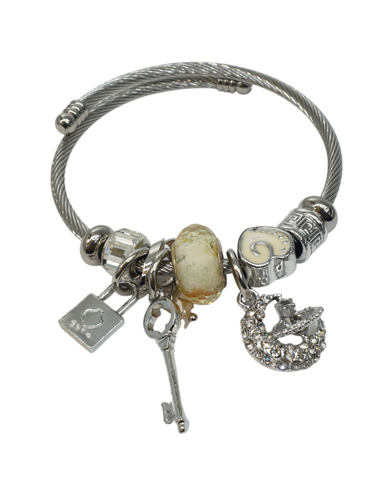 BAF0145 - White, Green, Key, Lock, White Heart Charm Bracelet