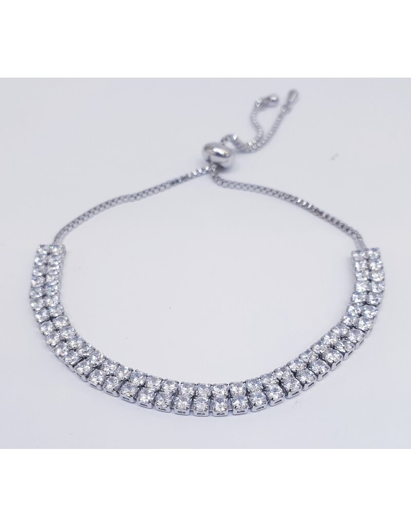 BJJ0048 - Double Row Tennis, Silver Adjustable Bracelet