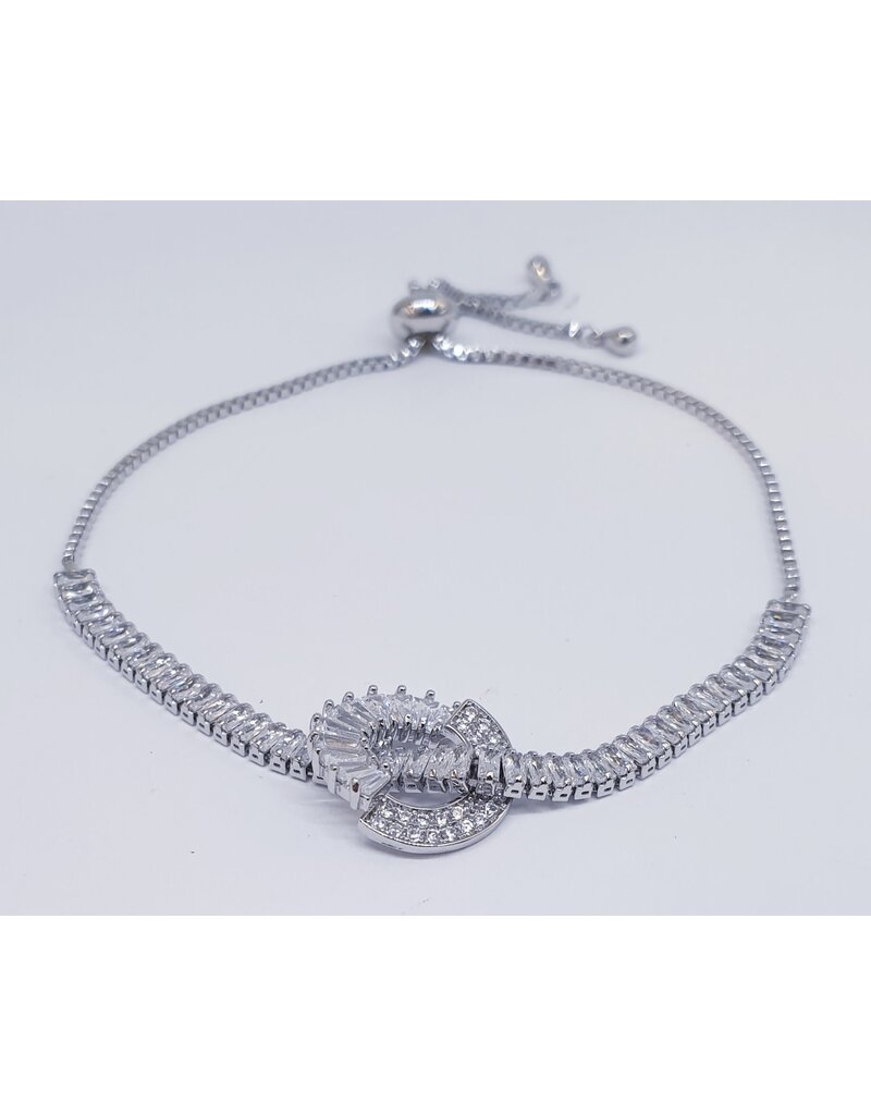 BJJ0072 - Double Circle, Crystal, Silver Adjustable Bracelet