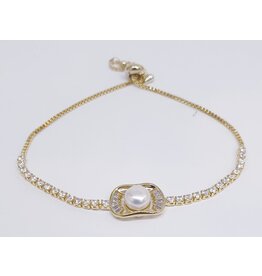 BJJ0082 - Pearl, Tennis, Gold Adjustable Bracelet