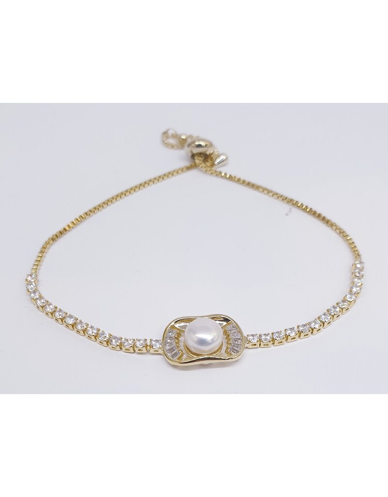 BJJ0082 - Pearl, Tennis, Gold Adjustable Bracelet